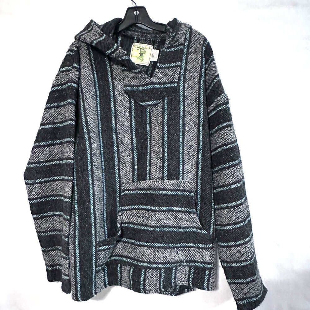 Blue Poncho Mexican Baja Size 2Xl XXL Hooded Hoodie Unisex Drug Rug Iguana Joe
